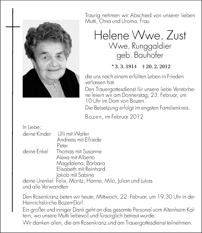  Traueranzeige für Helene Zust vom 22.02.2012 aus Dolomiten