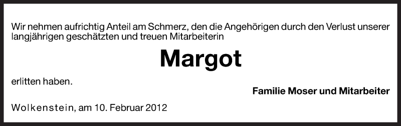  Traueranzeige für Margot  vom 10.02.2012 aus Dolomiten