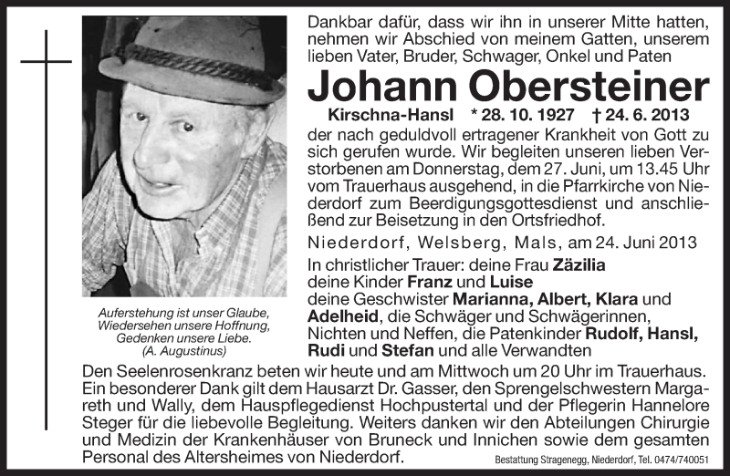  Traueranzeige für Johann Obersteiner vom 25.06.2013 aus Dolomiten