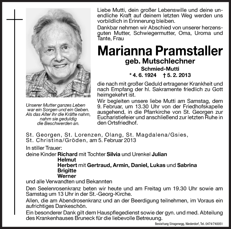  Traueranzeige für Marianna Pramstaller vom 07.02.2013 aus Dolomiten