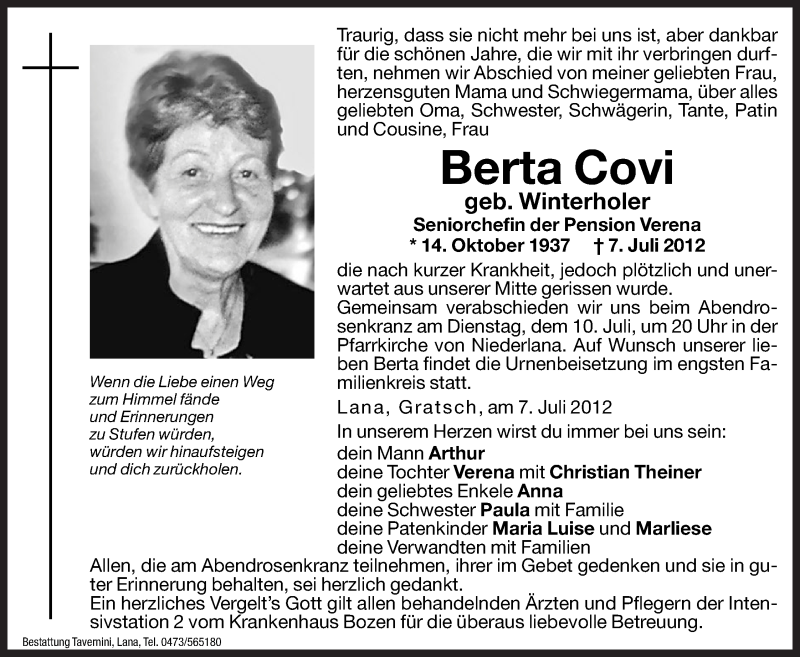  Traueranzeige für Berta Covi vom 09.07.2012 aus Dolomiten