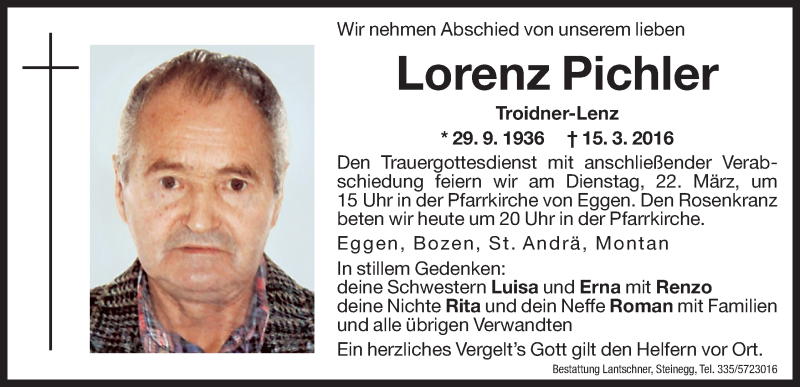  Traueranzeige für Lorenz Pichler vom 21.03.2016 aus Dolomiten