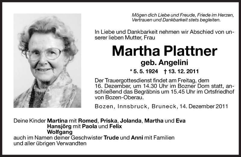  Traueranzeige für Martha Plattner vom 15.12.2011 aus Dolomiten