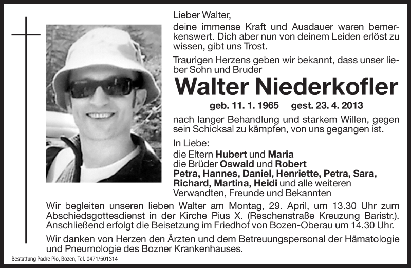  Traueranzeige für Walter Niederkofler vom 27.04.2013 aus Dolomiten