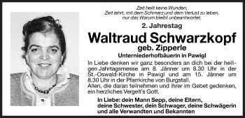 Traueranzeige von Waltraud Schwarzkopf von Dolomiten