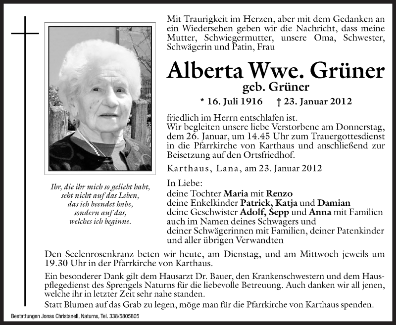  Traueranzeige für Alberta Grüner vom 24.01.2012 aus Dolomiten