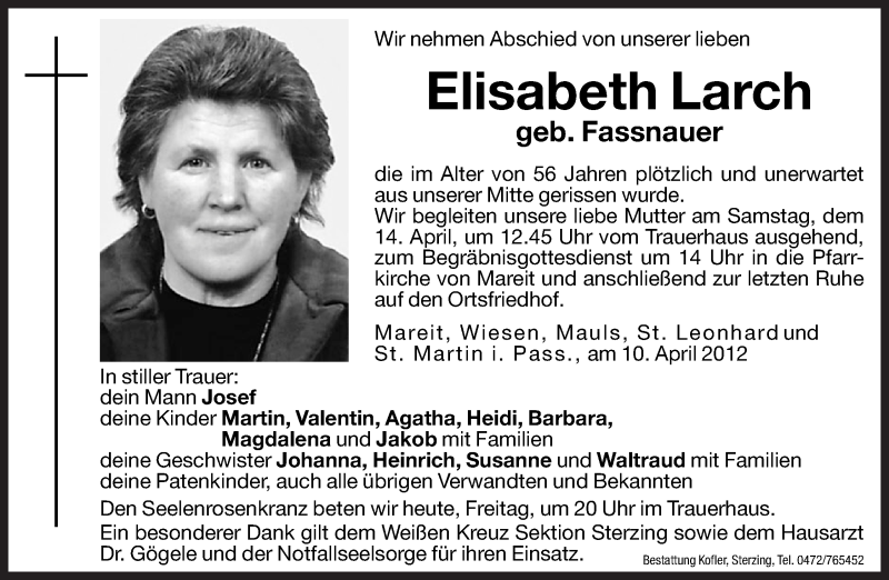  Traueranzeige für Elisabeth Larch vom 13.04.2012 aus Dolomiten