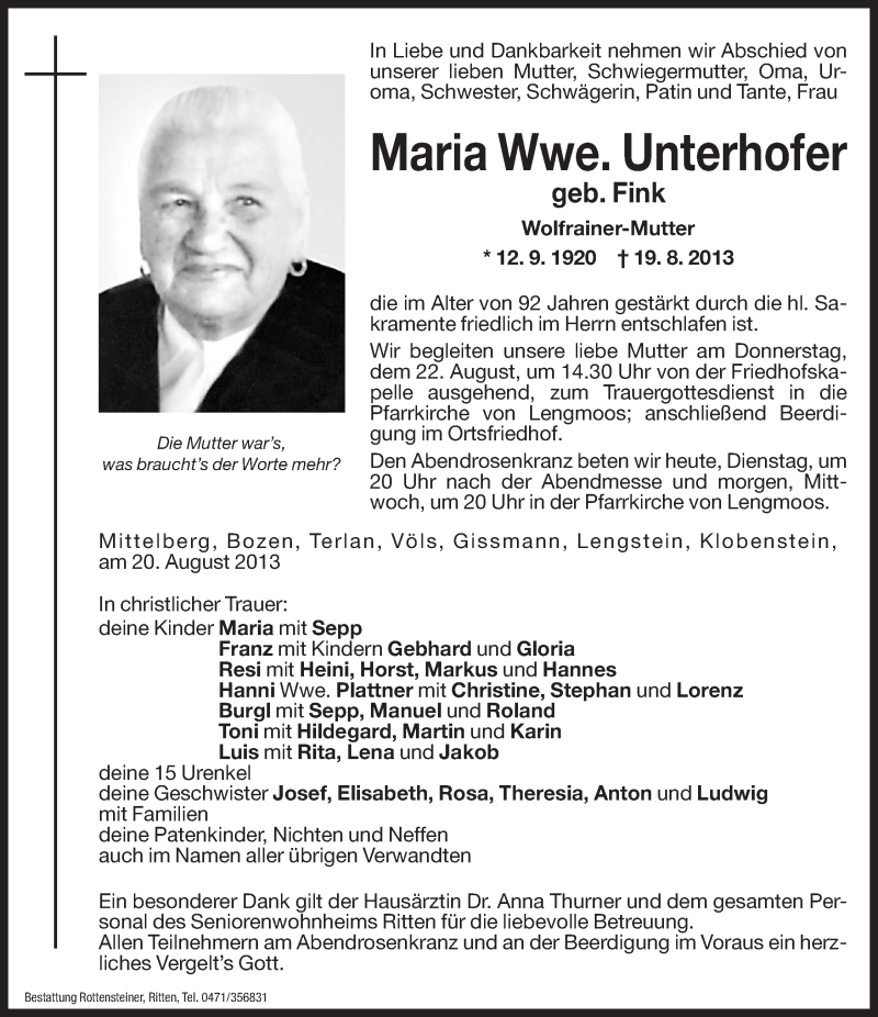  Traueranzeige für Maria Unterhofer vom 20.08.2013 aus Dolomiten