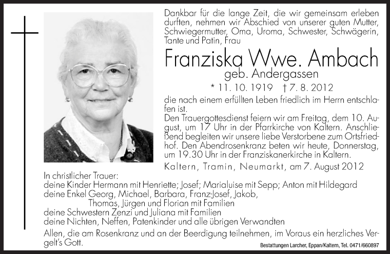  Traueranzeige für Franziska Ambach vom 09.08.2012 aus Dolomiten