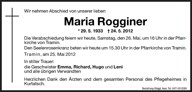  Traueranzeige für Maria Rogginer vom 26.05.2012 aus Dolomiten