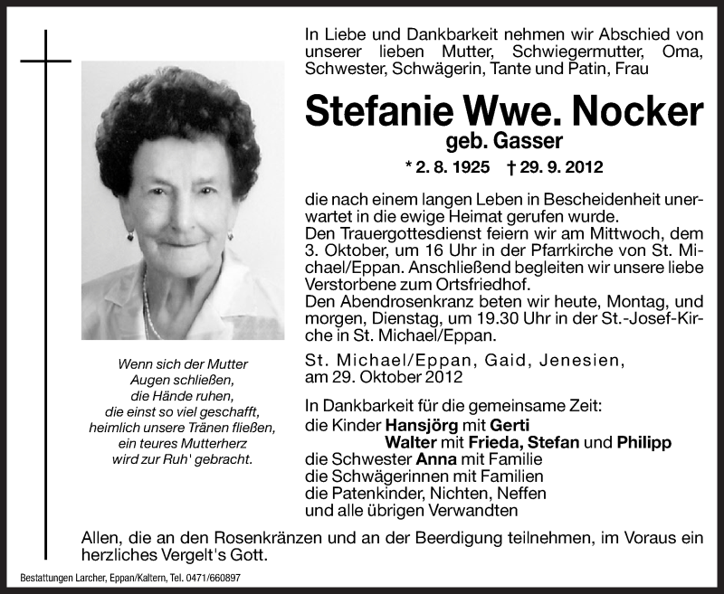  Traueranzeige für Stefanie Nocker vom 01.10.2012 aus Dolomiten