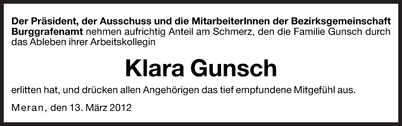  Traueranzeige für Klara Gunsch vom 13.03.2012 aus Dolomiten