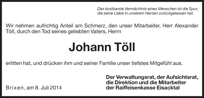  Traueranzeige für Johann Töll vom 09.07.2014 aus Dolomiten