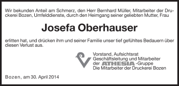 Traueranzeige von Josefa Oberhauser von Dolomiten