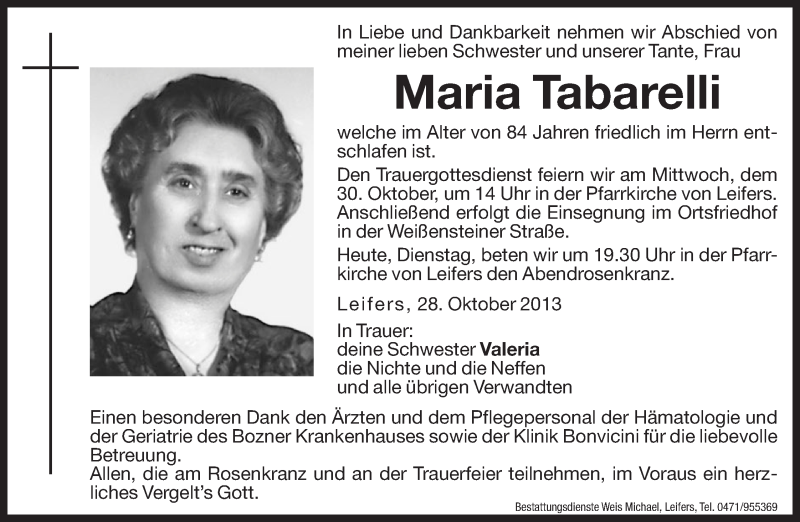  Traueranzeige für Maria Tabarelli vom 29.10.2013 aus Dolomiten