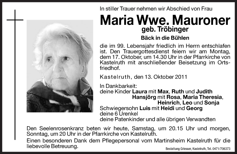  Traueranzeige für Maria Mauroner vom 15.10.2011 aus Dolomiten