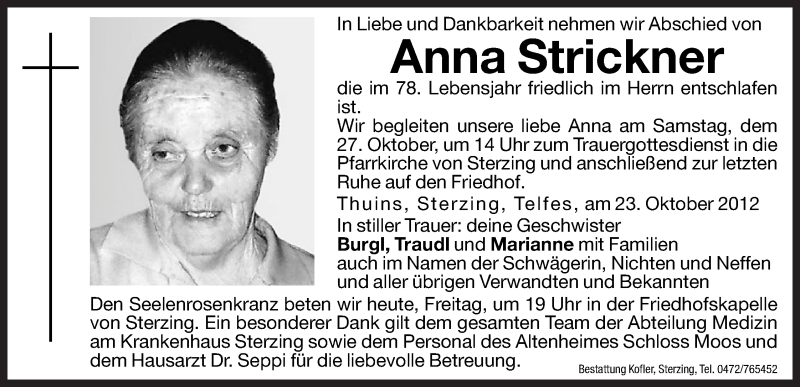  Traueranzeige für Anna Strickner vom 26.10.2012 aus Dolomiten