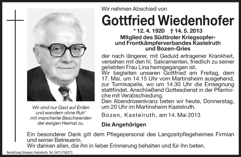  Traueranzeige für Gottfried Wiedenhofer vom 16.05.2013 aus Dolomiten