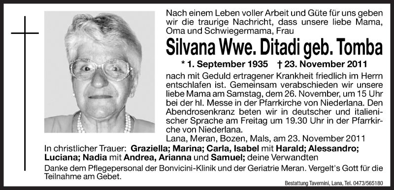  Traueranzeige für Silvana Ditadi vom 25.11.2011 aus Dolomiten