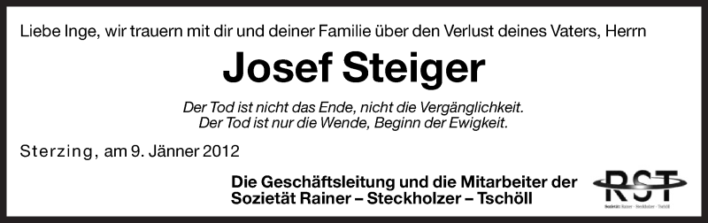  Traueranzeige für Josef Steiger vom 10.01.2012 aus Dolomiten