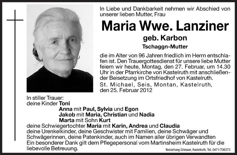  Traueranzeige für Maria Lanziner vom 27.02.2012 aus Dolomiten