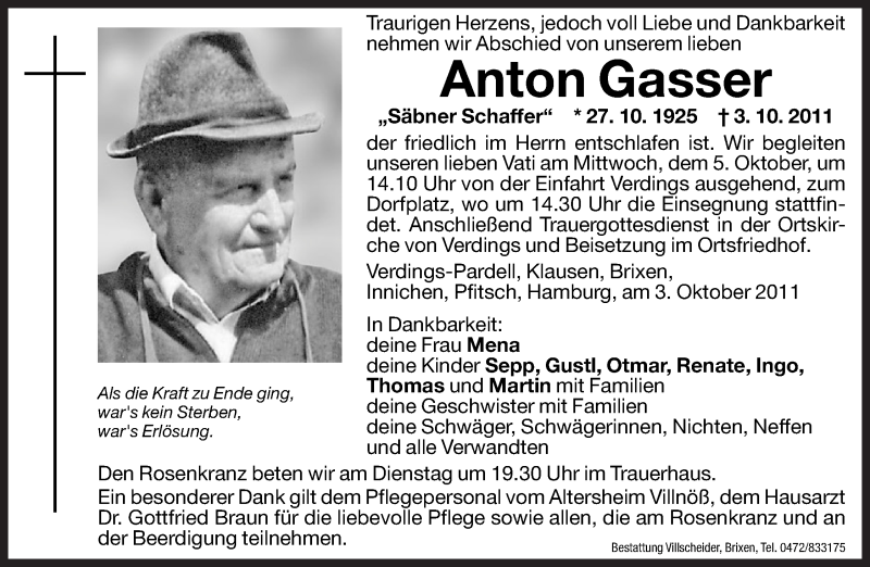  Traueranzeige für Anton Gasser vom 04.10.2011 aus Dolomiten