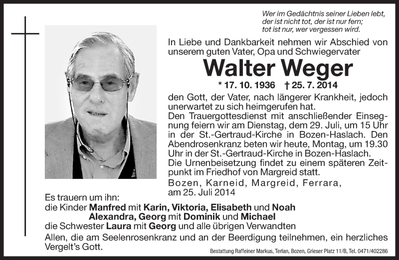  Traueranzeige für Walter Weger vom 28.07.2014 aus Dolomiten