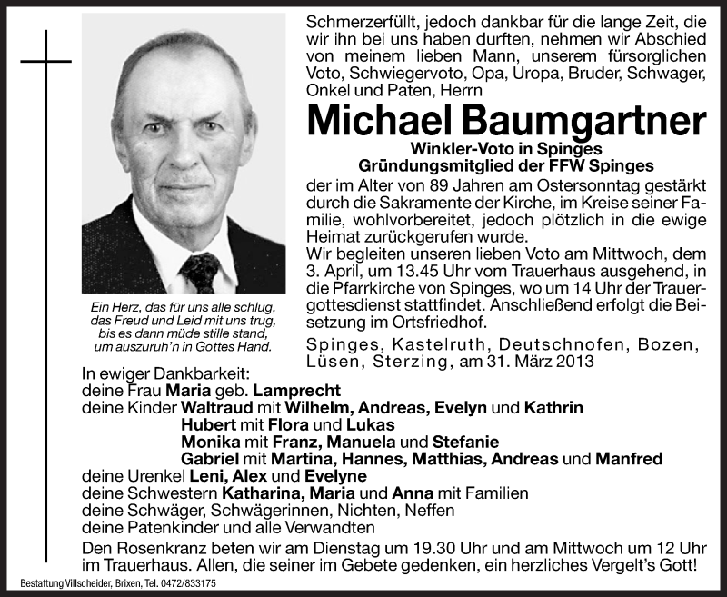  Traueranzeige für Michael Baumgartner vom 02.04.2013 aus Dolomiten