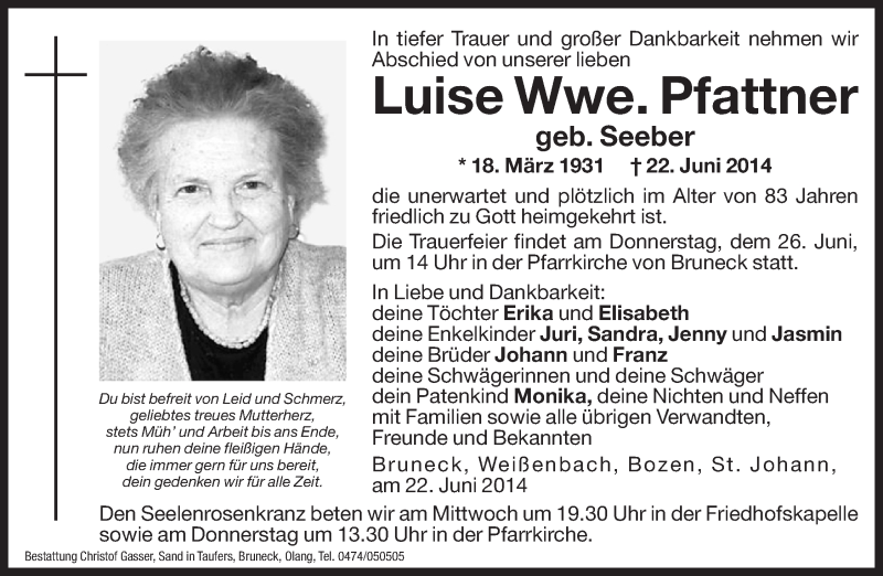  Traueranzeige für Luise Pfattner vom 24.06.2014 aus Dolomiten