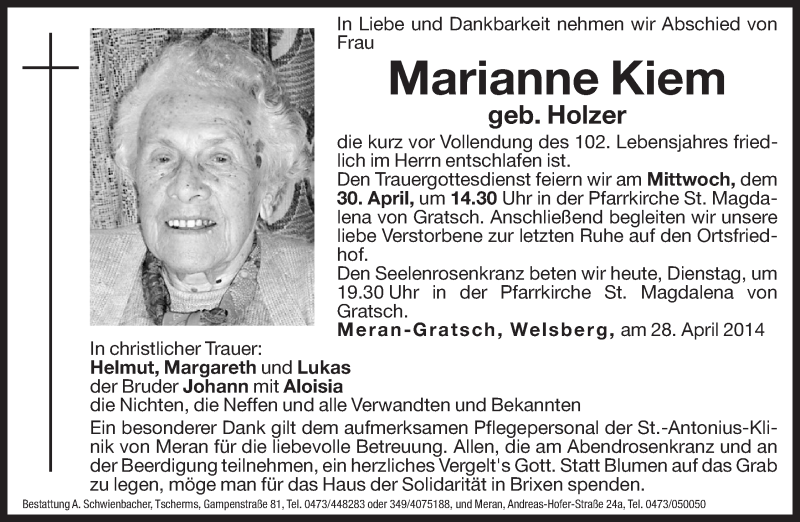  Traueranzeige für Marianne Kiem vom 29.04.2014 aus Dolomiten