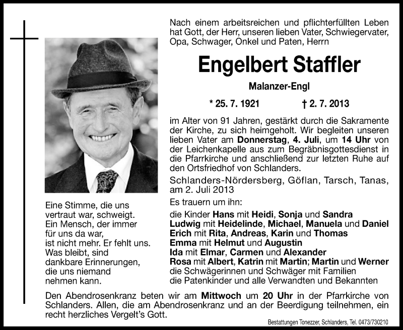  Traueranzeige für Engelbert Staffler vom 03.07.2013 aus Dolomiten