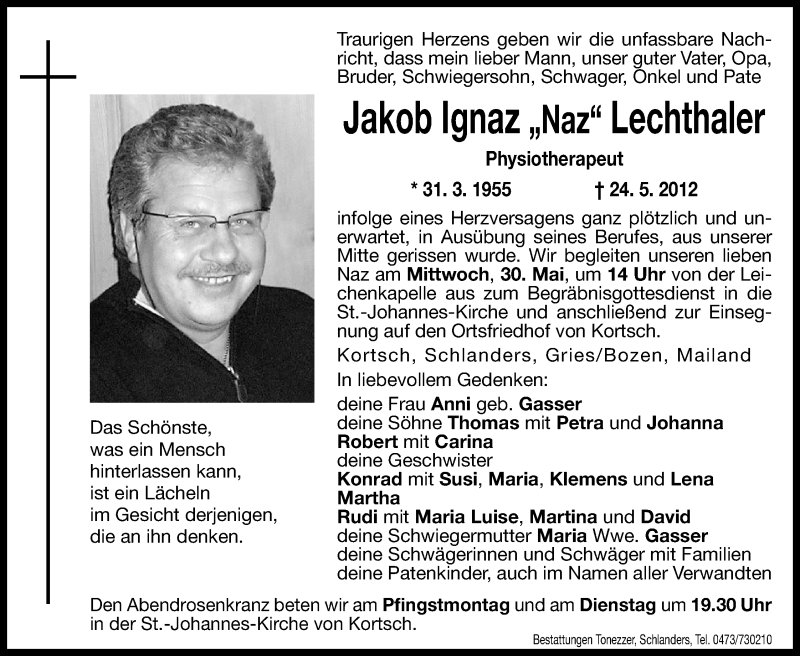  Traueranzeige für Jakob Ignaz „Naz“ Lechthaler vom 26.05.2012 aus Dolomiten