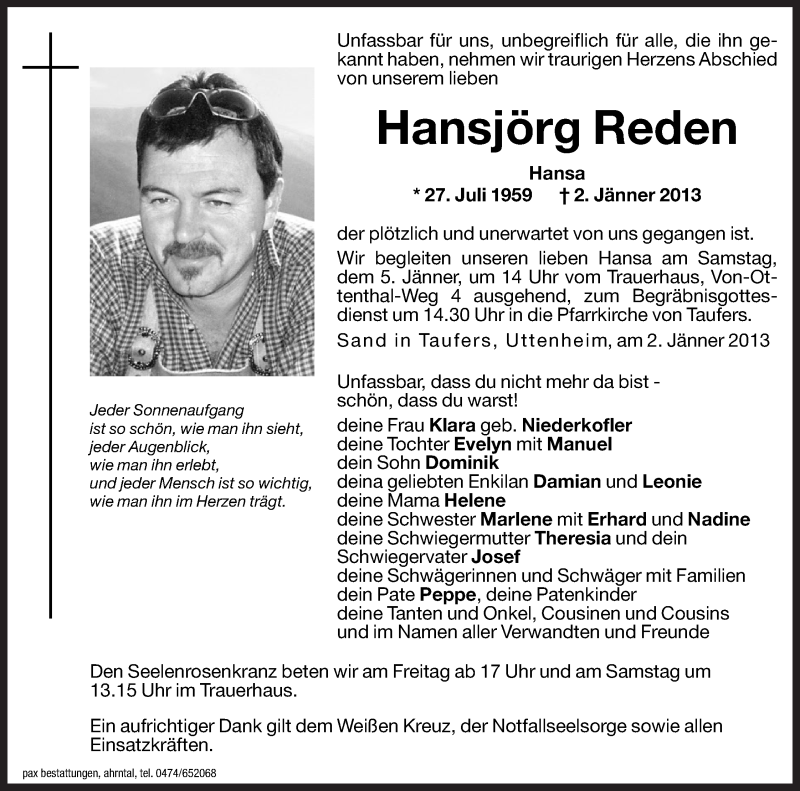  Traueranzeige für Hansjörg Reden vom 04.01.2013 aus Dolomiten