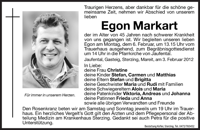  Traueranzeige für Egon Markart vom 04.02.2012 aus Dolomiten