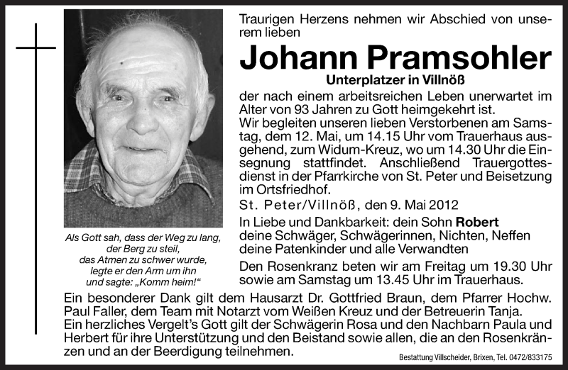  Traueranzeige für Johann Pramsohler vom 11.05.2012 aus Dolomiten