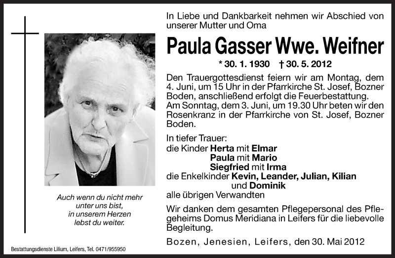  Traueranzeige für Paula Weifner vom 01.06.2012 aus Dolomiten