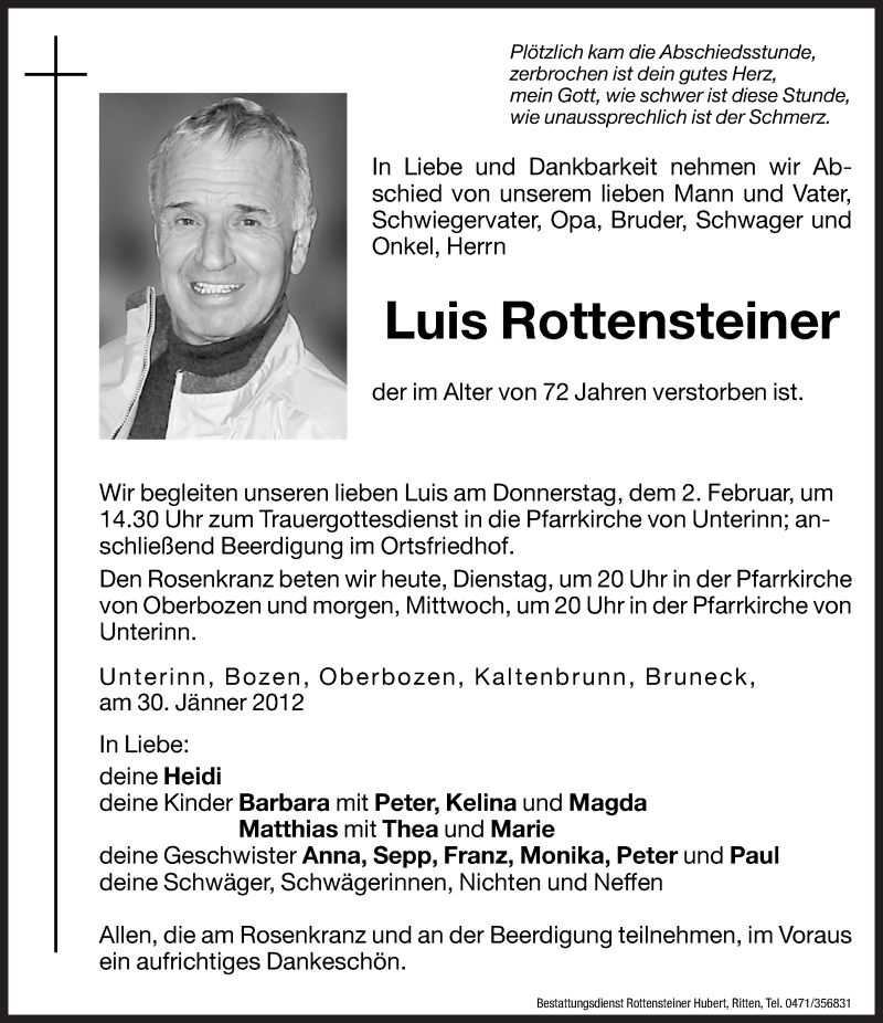  Traueranzeige für Luis Rottensteiner vom 31.01.2012 aus Dolomiten