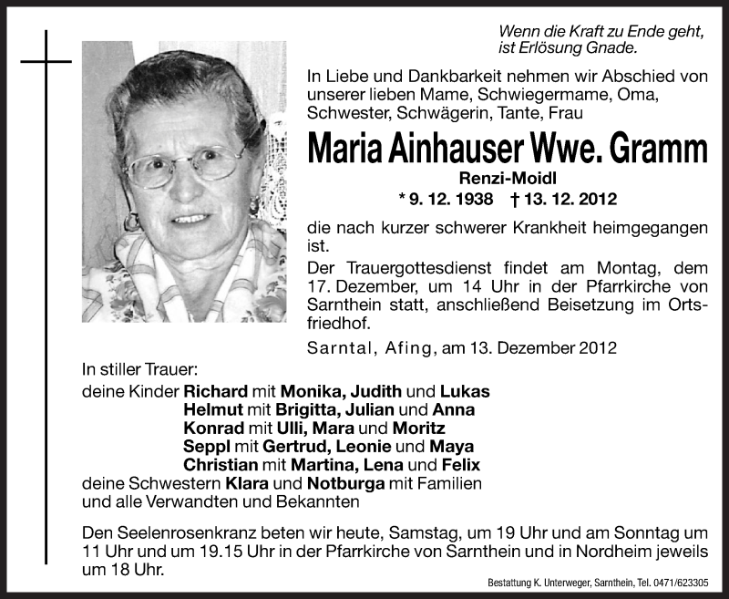  Traueranzeige für Maria Ainhauser vom 15.12.2012 aus Dolomiten