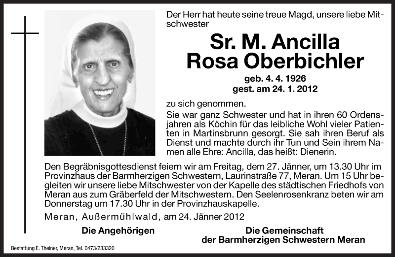  Traueranzeige für M. Ancilla Rosa Oberbichler vom 26.01.2012 aus Dolomiten