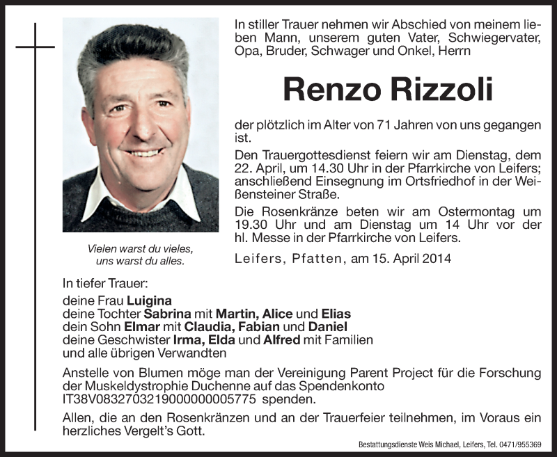  Traueranzeige für Renzo Rizzoli vom 18.04.2014 aus Dolomiten