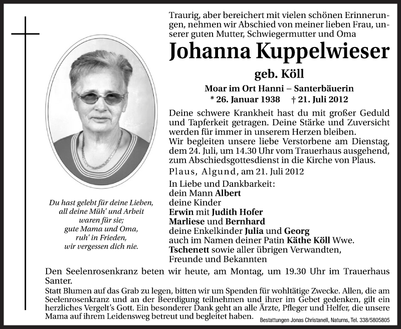  Traueranzeige für Johanna Kuppelwieser vom 23.07.2012 aus Dolomiten