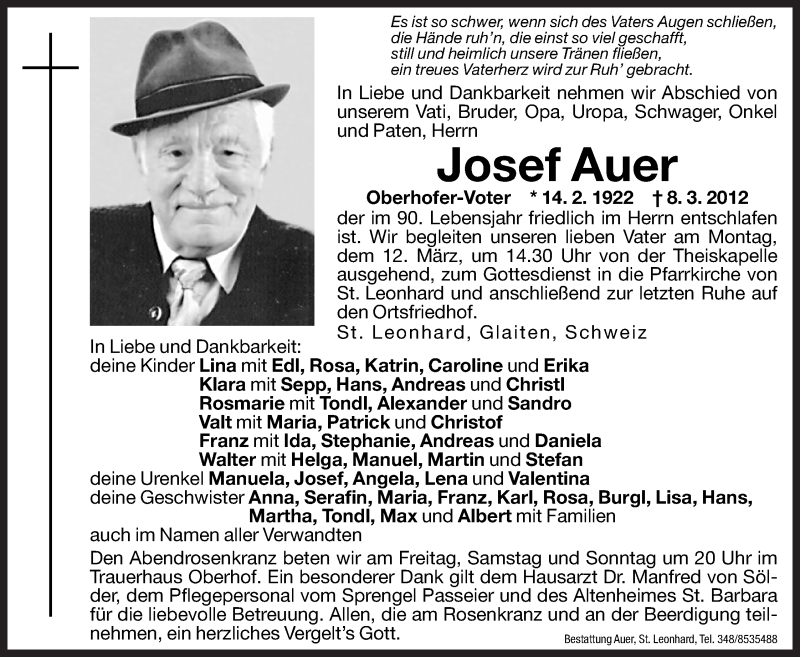  Traueranzeige für Josef Auer vom 09.03.2012 aus Dolomiten