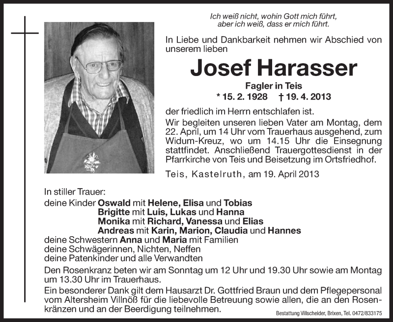  Traueranzeige für Josef Harasser vom 20.04.2013 aus Dolomiten