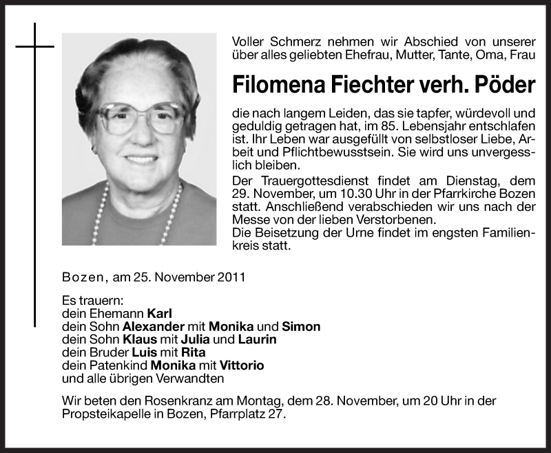  Traueranzeige für Filomena Pöder vom 26.11.2011 aus Dolomiten