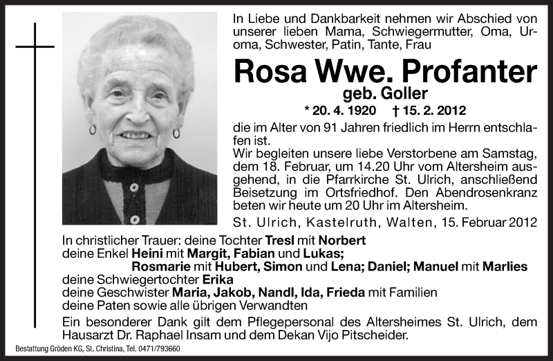  Traueranzeige für Rosa Profanter vom 17.02.2012 aus Dolomiten