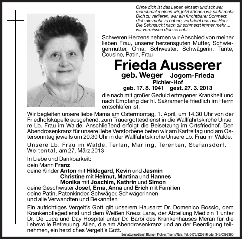  Traueranzeige für Frieda Ausserer vom 29.03.2013 aus Dolomiten