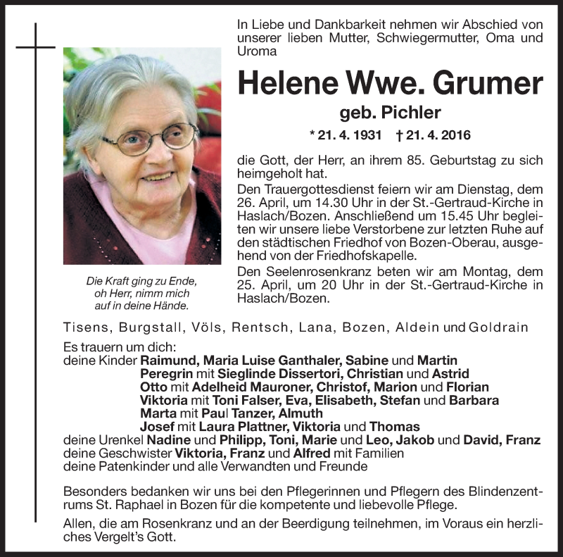  Traueranzeige für Helene Grumer vom 22.04.2016 aus Dolomiten