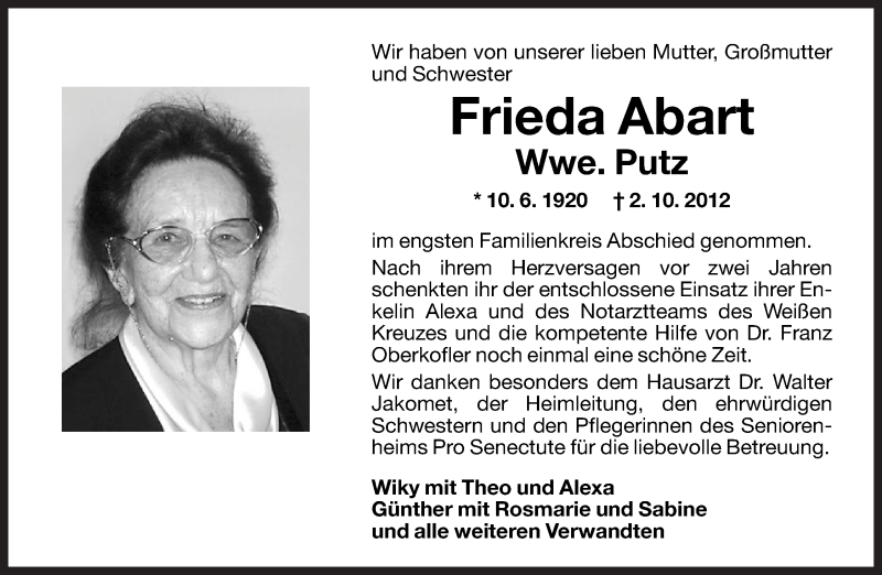  Traueranzeige für Frieda Putz vom 05.10.2012 aus Dolomiten