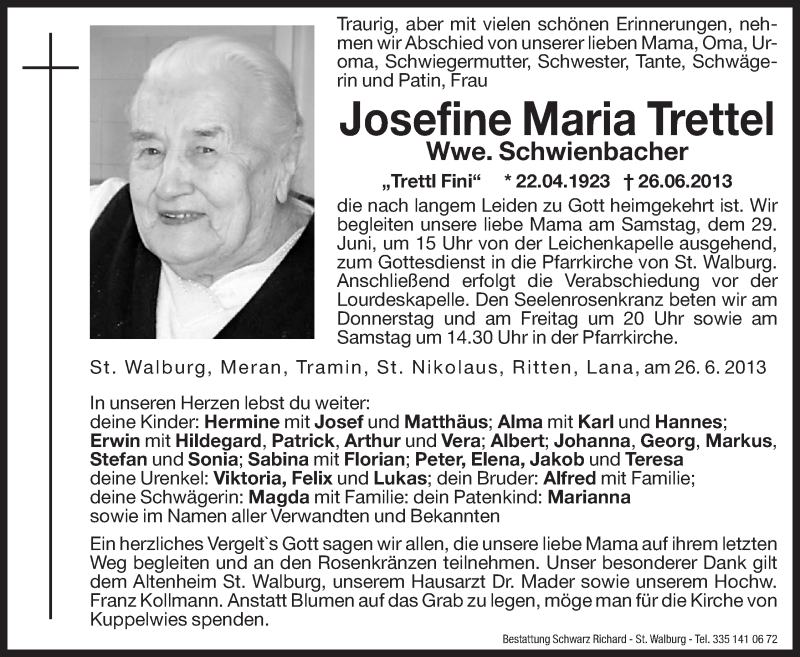  Traueranzeige für Josefine Maria Schwienbacher vom 27.06.2013 aus Dolomiten