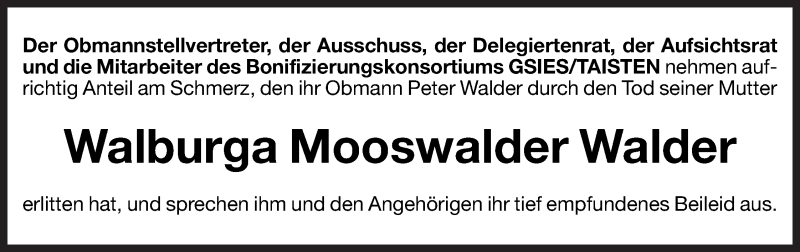  Traueranzeige für Walburga Mooswalder Walder vom 06.12.2012 aus Dolomiten